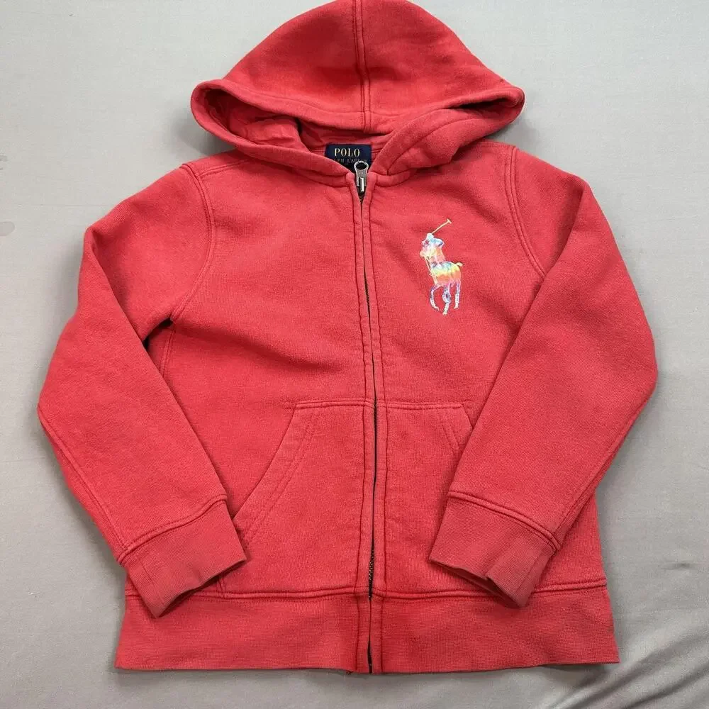 Polo Ralph Lauren Hoodie Boys 5 Red Full Zip Big Pony Embroidered Sweatshirt